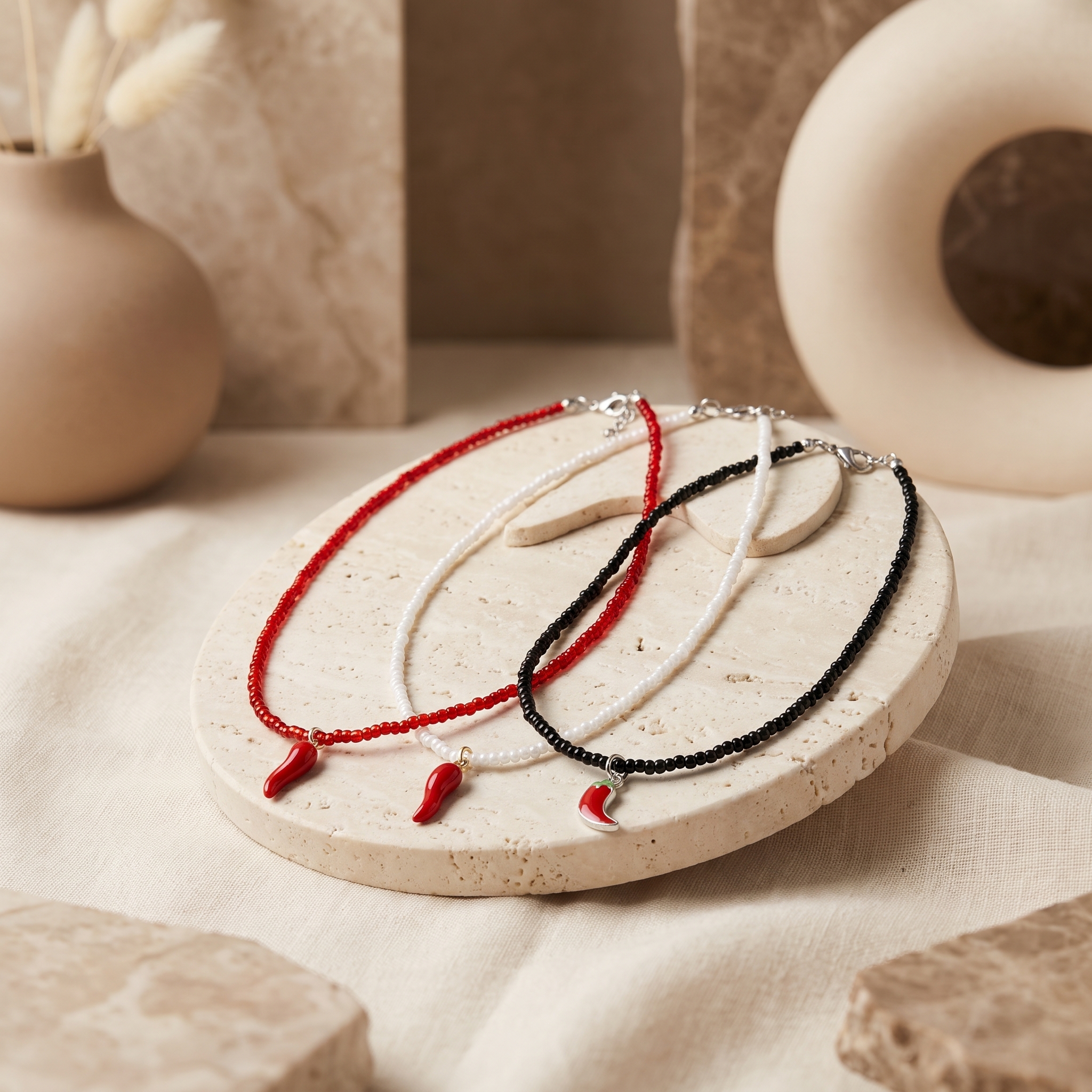 Necklace_on_travertine_jewelry_s…_202608032151 گردنبند فلفل مرواریدی خاص | طراحی ترند سه رنگ قرمز، سفید و مشکی - تصویر 1